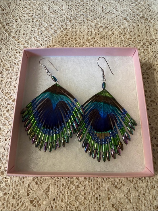 Hand Crafted Jewelry - Handcrafted Beadsd and Genuine Peacock Feather Earrings